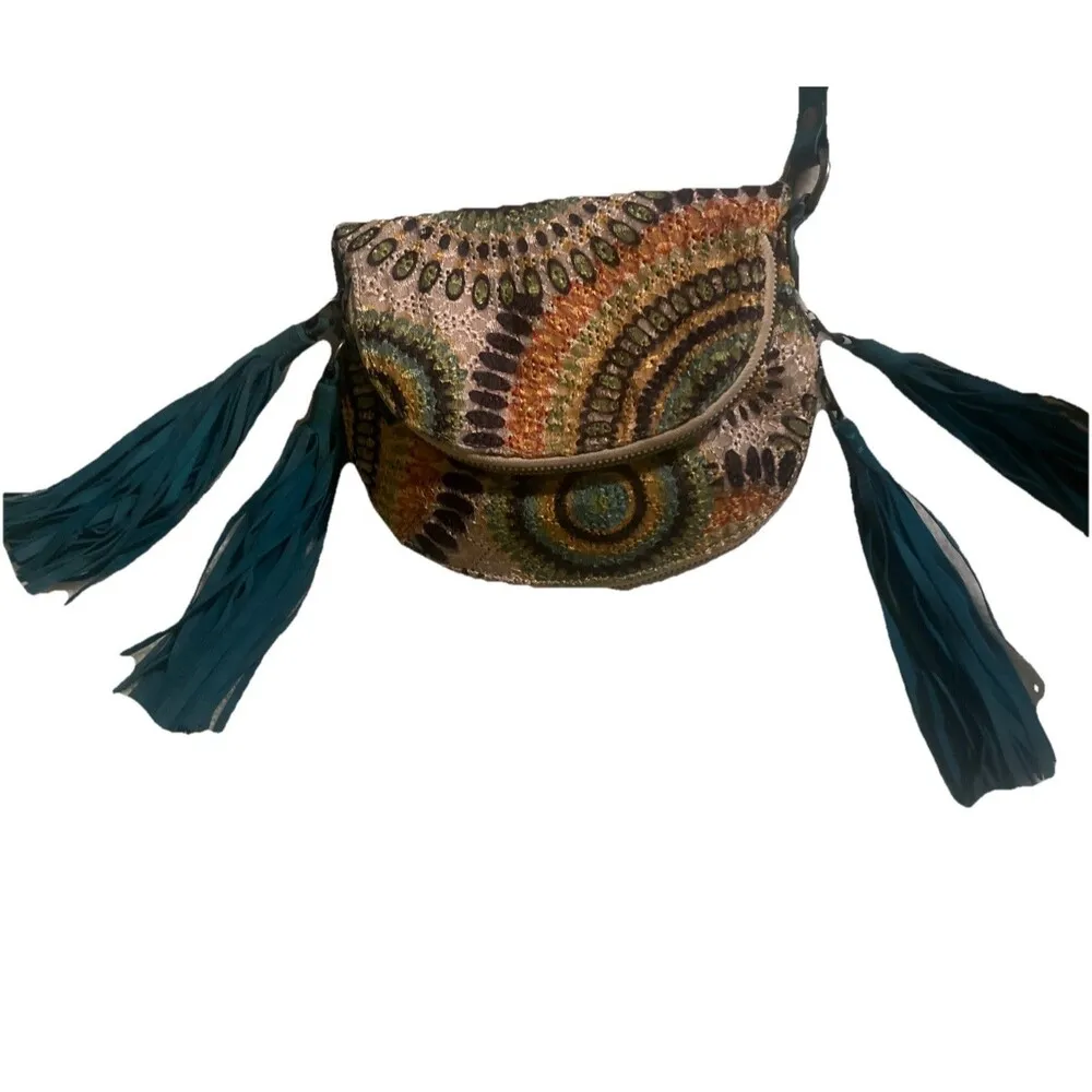 Fringe Bag for Women Boho Crossbody Purse Turquoise Suede Tapestry Western Blue - Image 2