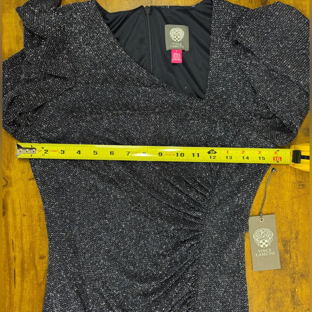 NWT Vince Camuto Women’s 6 Asymmetric V Neck Rushed Short Dress Navy Sparkle - Image 9