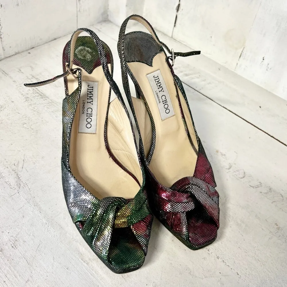 Jimmy Choo Textured Suede Metallic Peep Toe Slingback Stilettos Pumps Multi 38.5 - Image 4