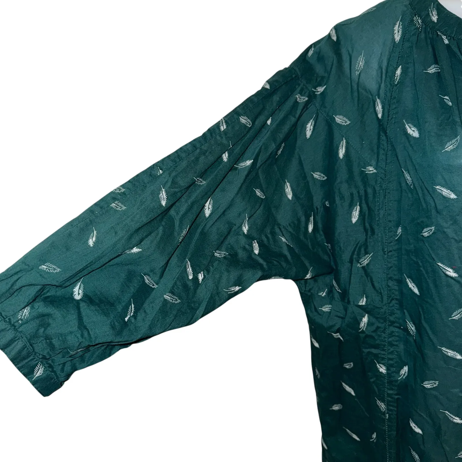 MADEWELL Green Fall Feather Print Tassel Tie Neck 3/4‎ Sleeve Blouse Small - Image 5
