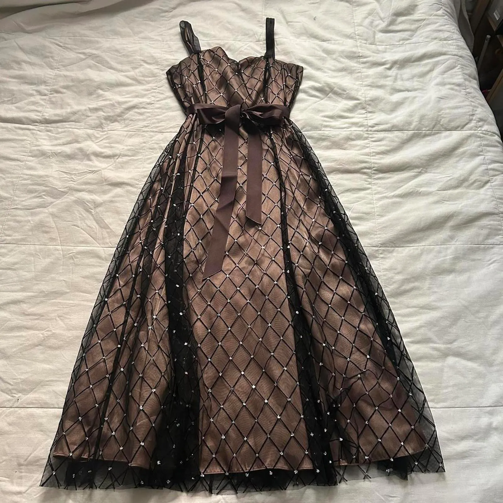 Adrianna Papell Brown black mesh diamond overlay dress bow and straps Size 6 - Image 3