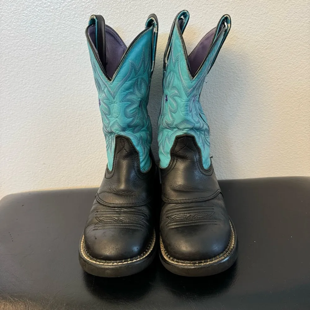 Boots Women's 7B Black Turquoise Blue Leather Western Cowboy Cowgirl - Image 4