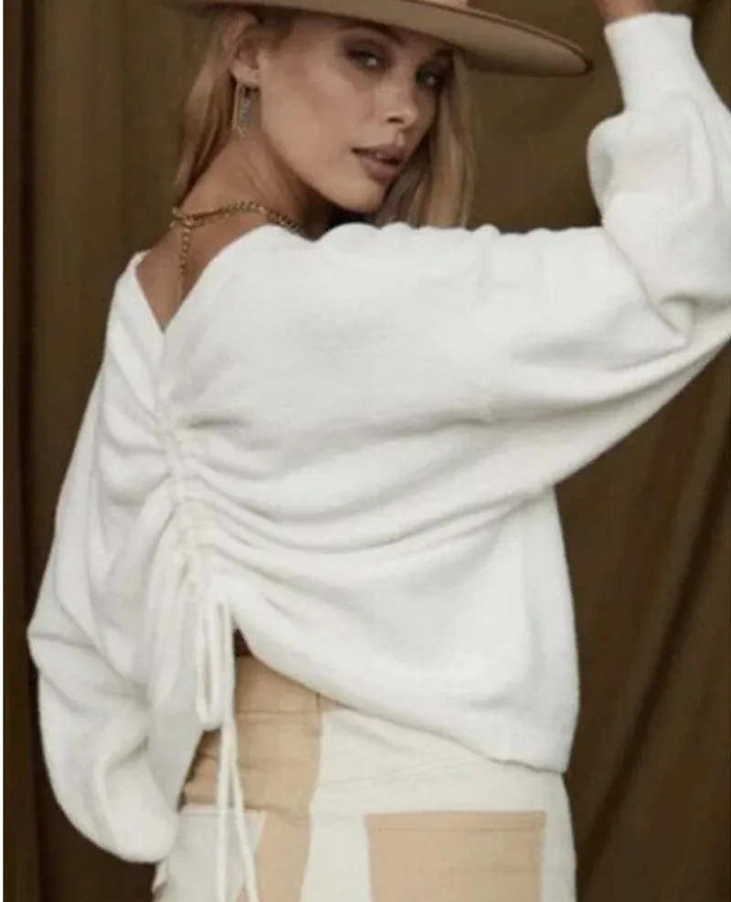 Le Lis Sweater Women MEDIUM Cream Lawrence Long Sleeve Ruched Back Knit Pullover - Image 3