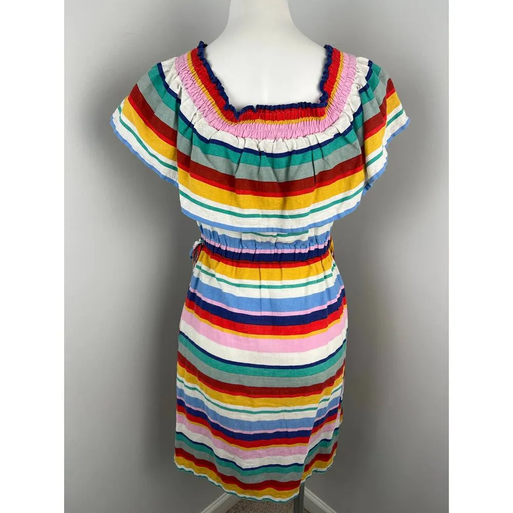 Anthropologie 4our Dreamers Stripe Off The Shoulder Linen Blend Rainbow Dress XS - Image 5