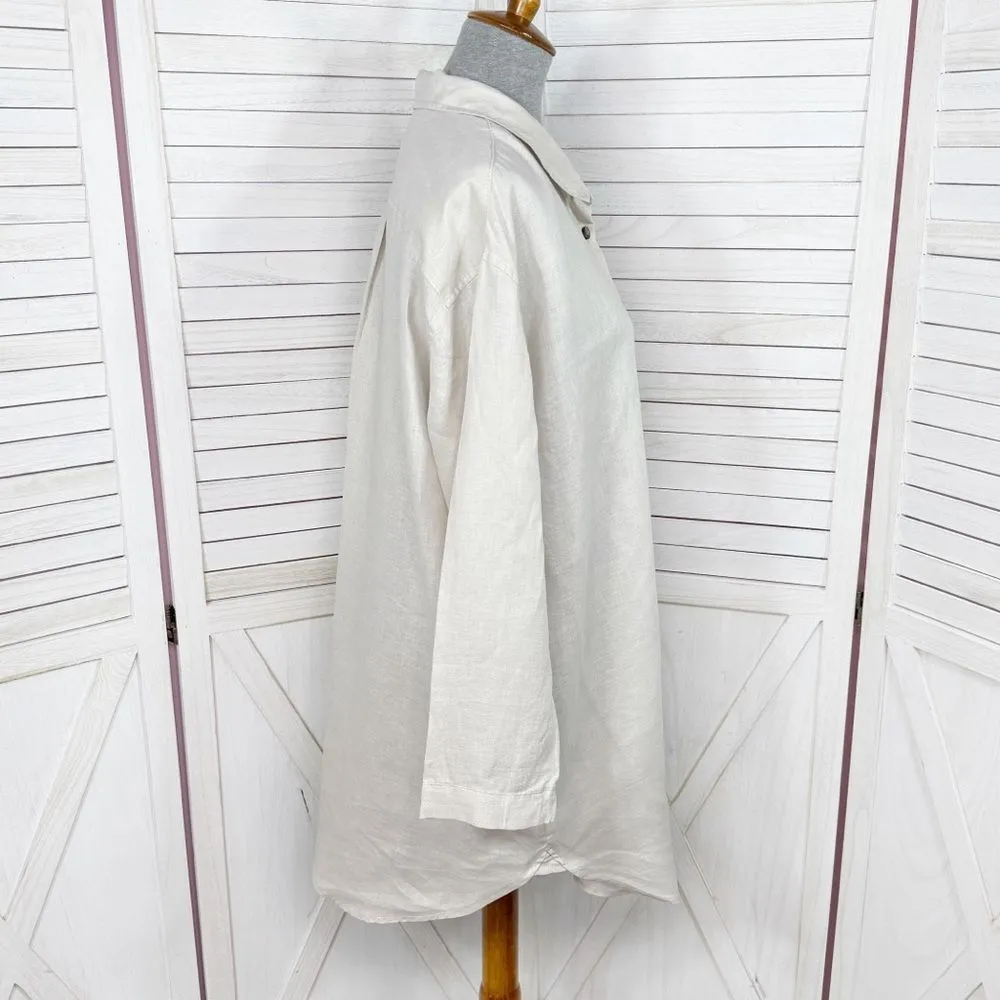 H&M Home Linen Button Up Shirt Dress Beige Tan Medium Long Sleeve Beach - Image 3