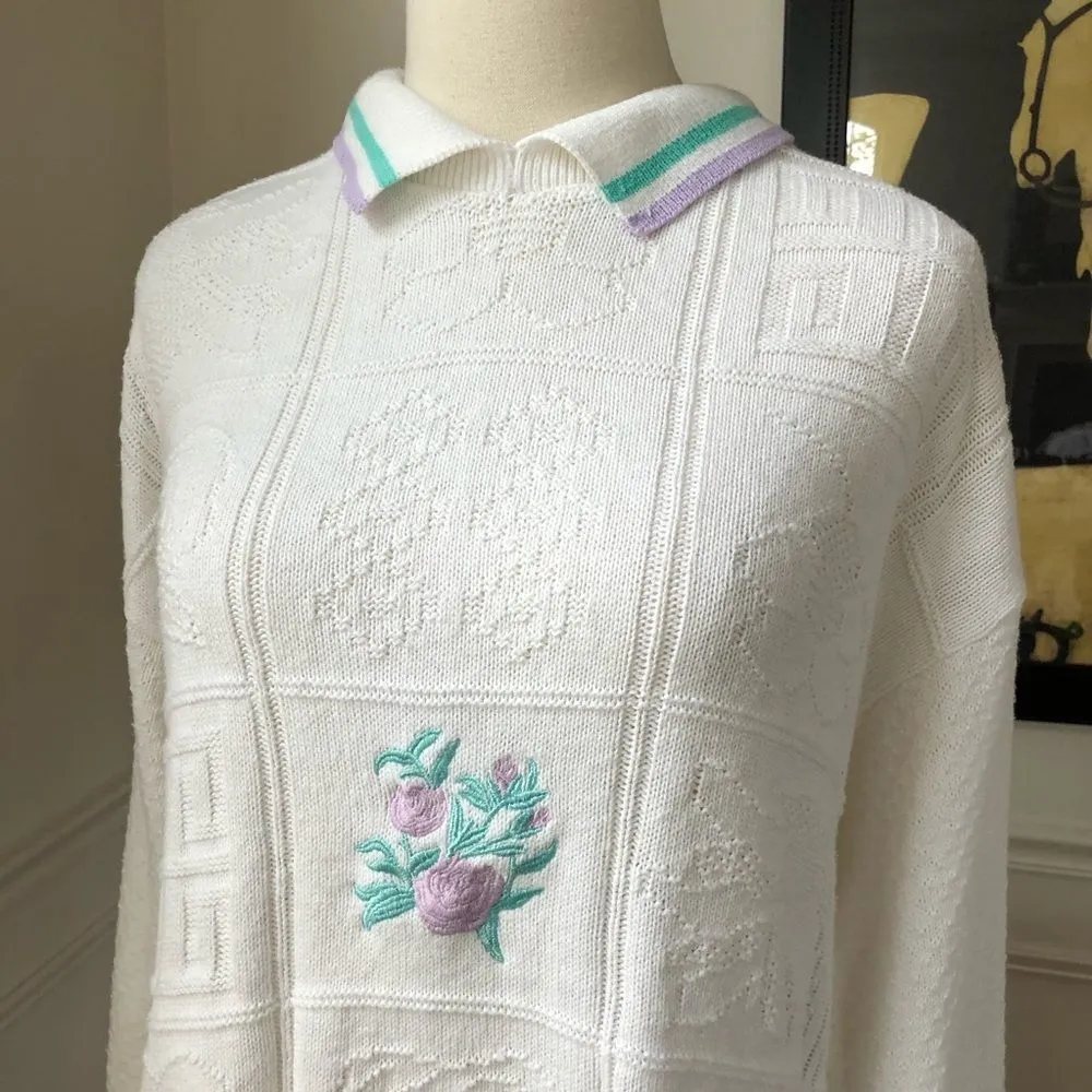 Vintage Embroidered Patchwork Cotton Sweater M White Size M - Image 3