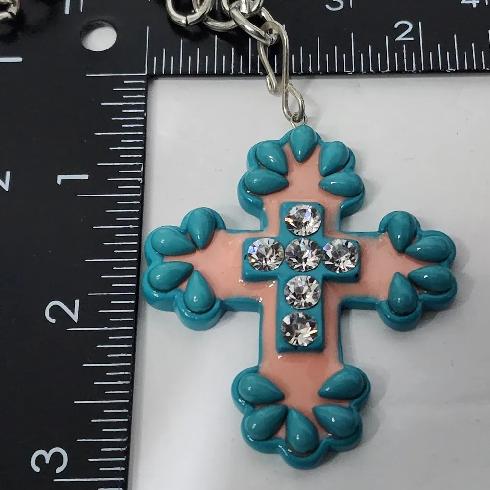 Western Rustic Boho Cross with Silver Chain Necklace Blue - Image 5