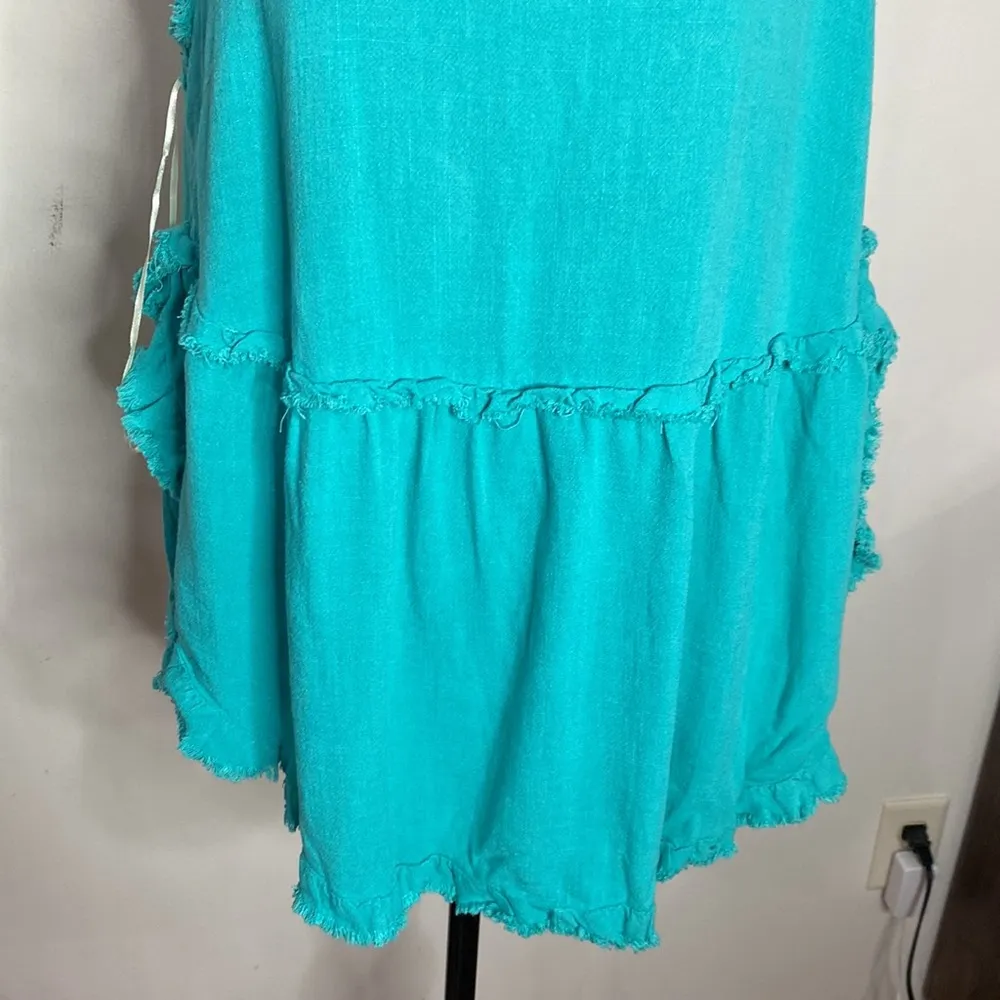 Umgee teal high low ruffled scoop ruffle fringe high low hem linen blend tank L - Image 8