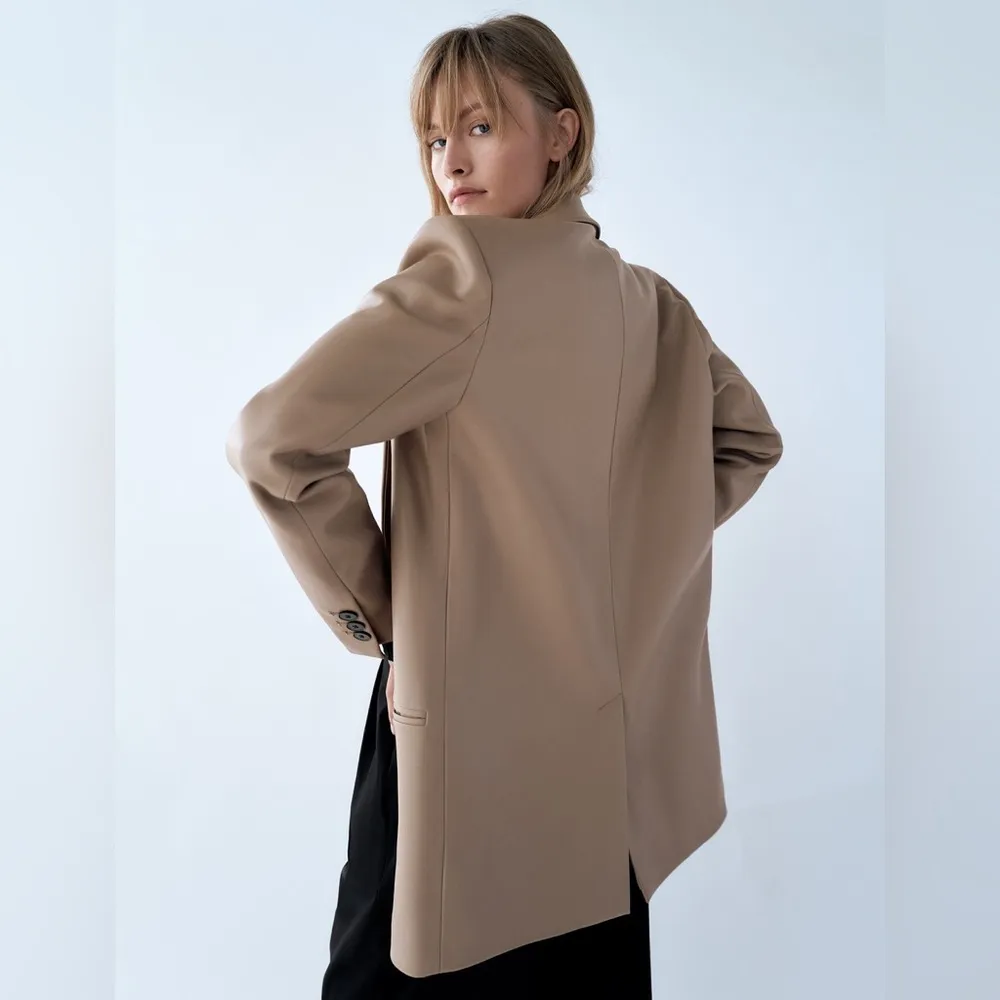 Zara FAUX LEATHER OVERSIZED BLAZER W/ POCKETS BUTTON CLOSURE BEIGE/TAN SZ S NEW - Image 6