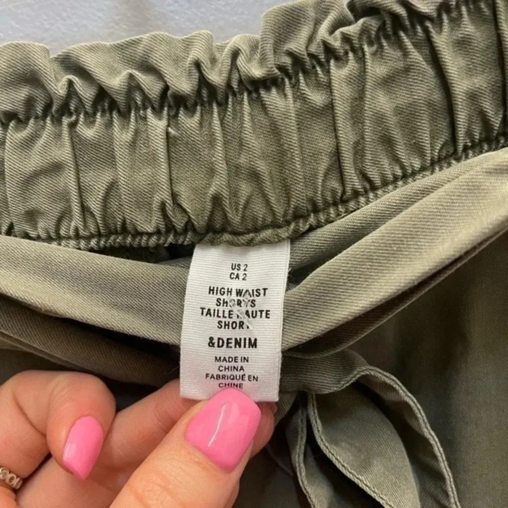 H&M High Waist Paper Bag Shorts Olive Green - Image 5