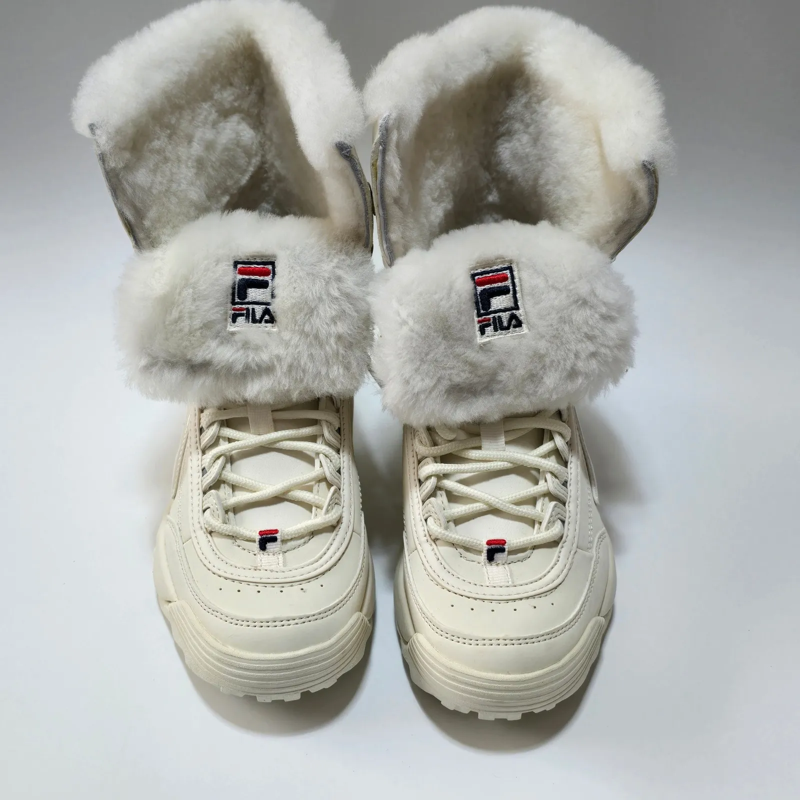 FILA  Disruptor Shearling Cuff Boots Cream Chunky Platform Lace Up Size 7 - Image 6