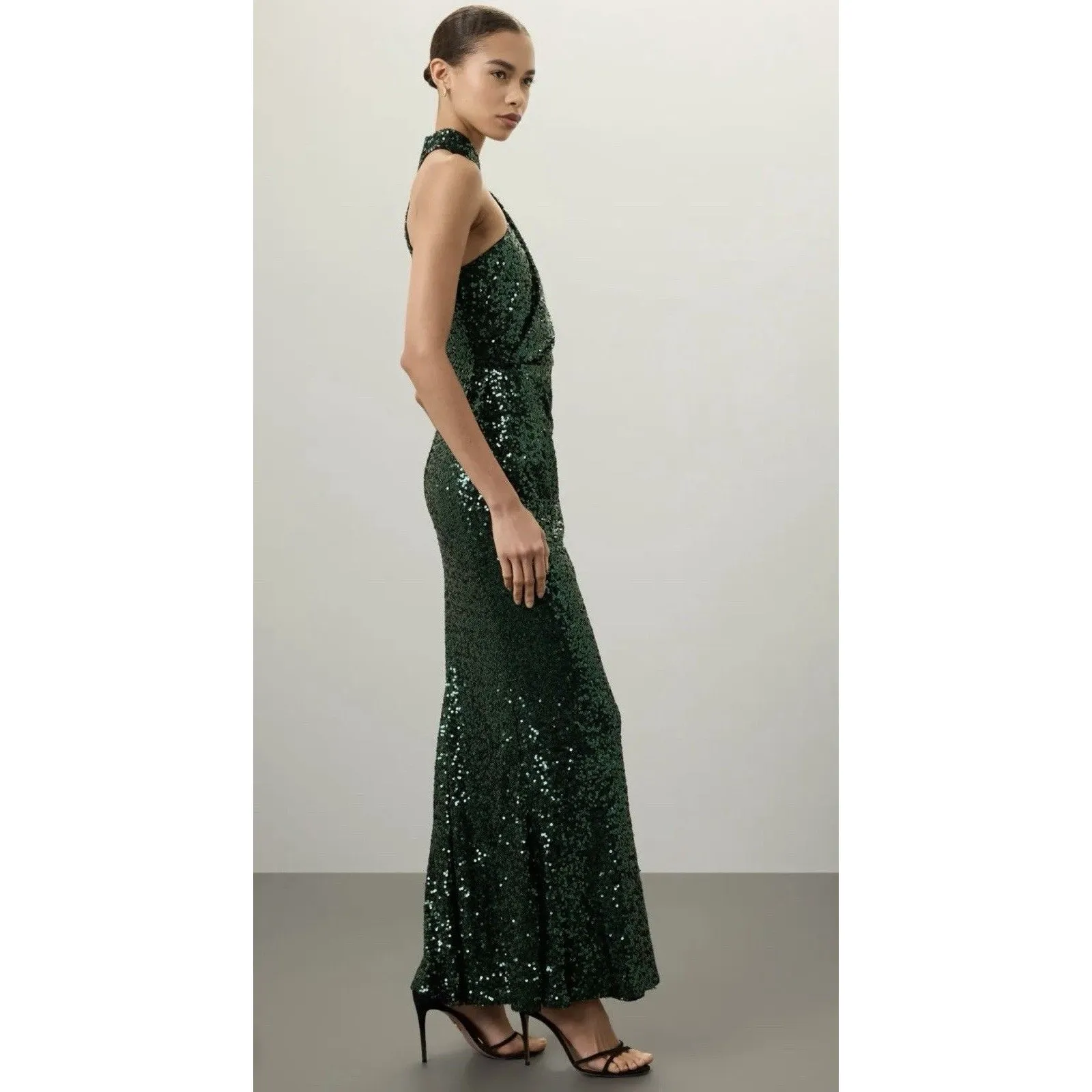 Badgley Mischka Emerald Sequin Asymmetrical Halter Gown Size 2 - Image 2