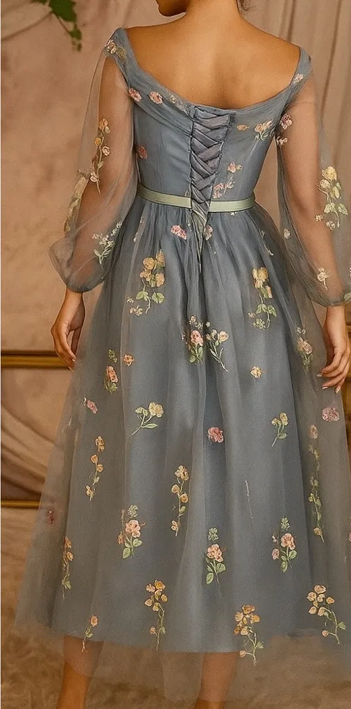 Unbranded Tulle Floral Embroidered Midi Gown Dress in Slate Blue Size 6 - Image 2