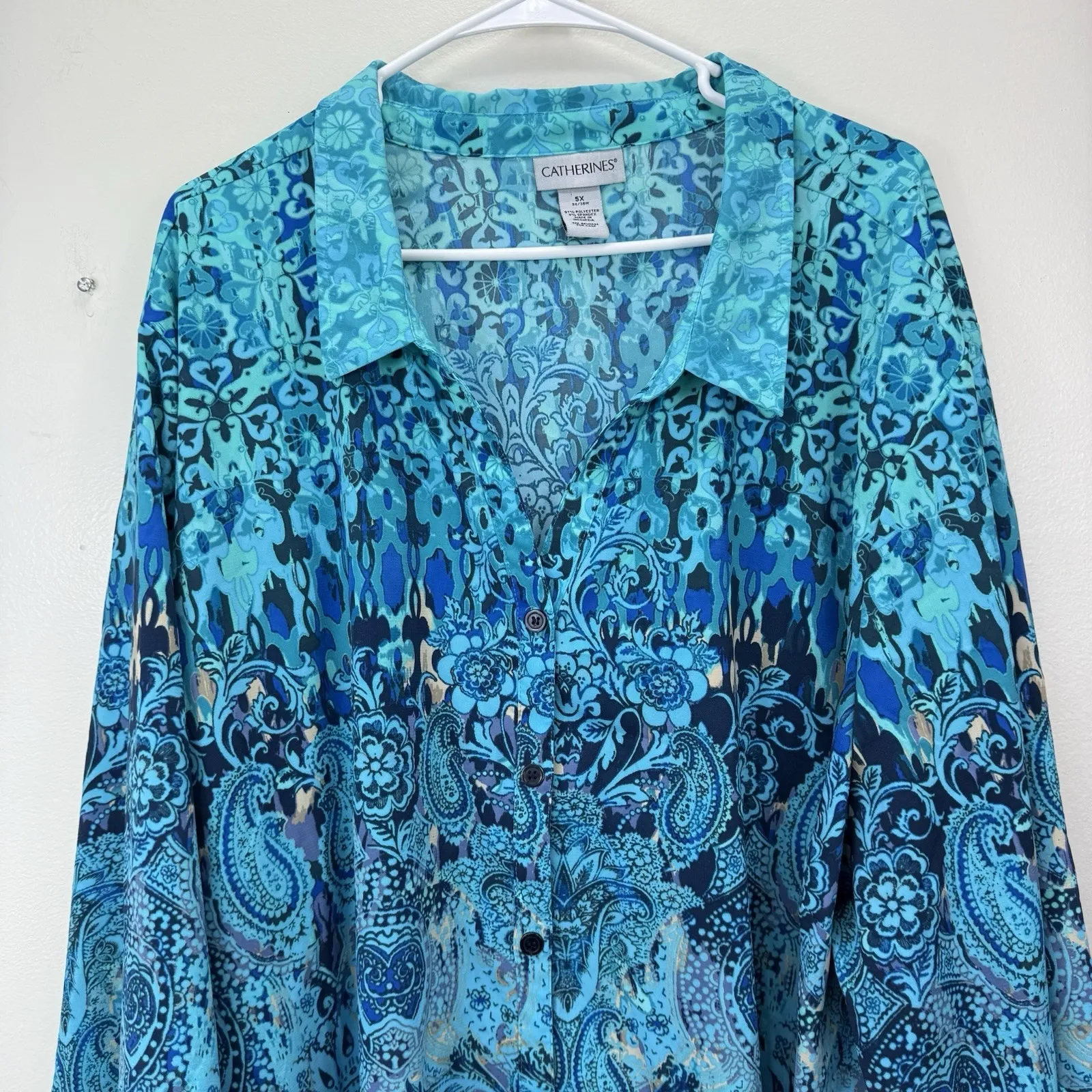 Catherines‎ Aqua Paisley Button Up 3/4 Sleeve Timeless Blouse Size 5X - Image 3