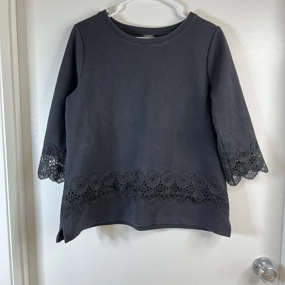 Talbots Women's Lp Solid Black 3/4 Sleeve Lace Trim Sweatshirt - Image 2