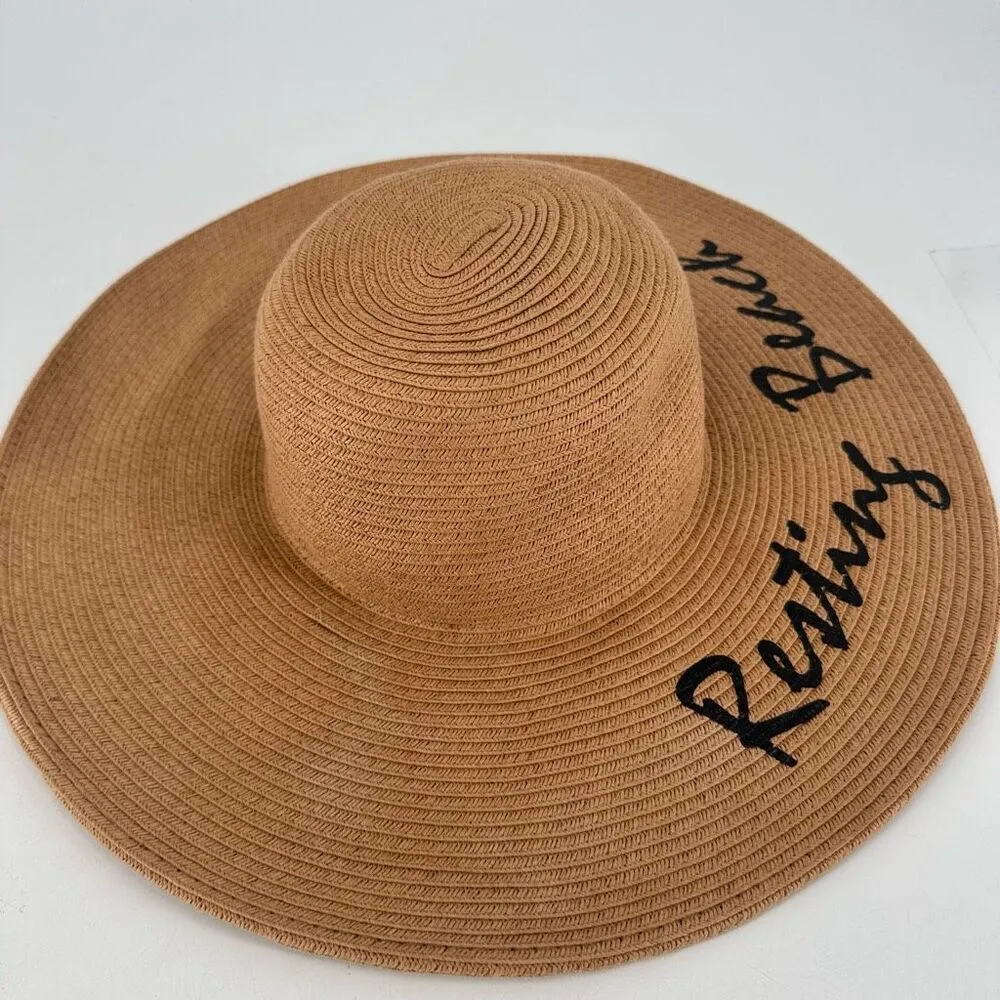 Vivian Collection Straw Wide Brim Floppy Sun Hat Resting Beach‎ Face Tan Black - Image 2
