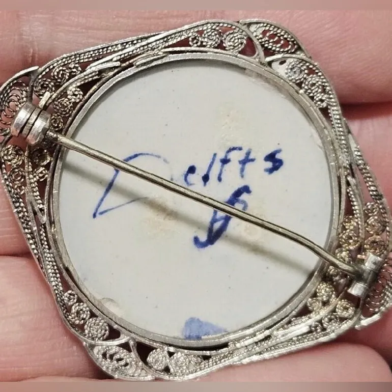 Vintage Delft Windmill Jewelry Set: Locket Necklace, Pendant, Brooch & Earrings Blue - Image 3