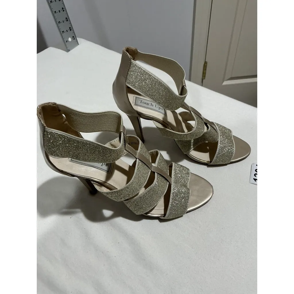 Woman’s Touch Ups Gold Sparkle Glitter Strappy Dress Sandal 9m High Heel - Image 2