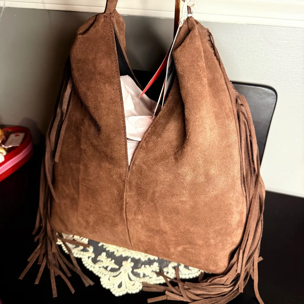 Divina Firenze Suede Fringe Hobo Bag Brown Made in Italy NWT - Image 4