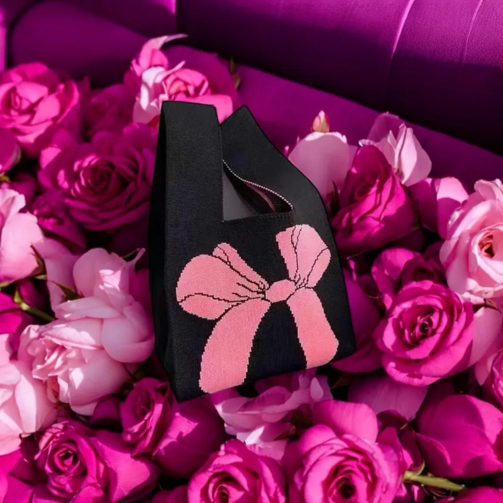 Stylish Black Pink‎ Bow Knit Style Handbag Fashionable Design Versatile Wristlet - Image 2