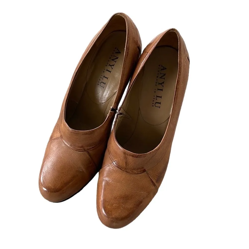 ANYI LU Cognac Brown Leather Heeled Pumps Size 37.5 Handmade in Italy - Image 8