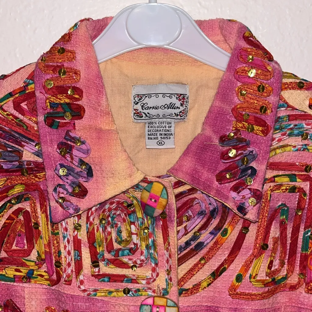 Vintage Bright Pink Ribbon and Sequin embellished Jacket multicolor wearable art Size XL - Image 3