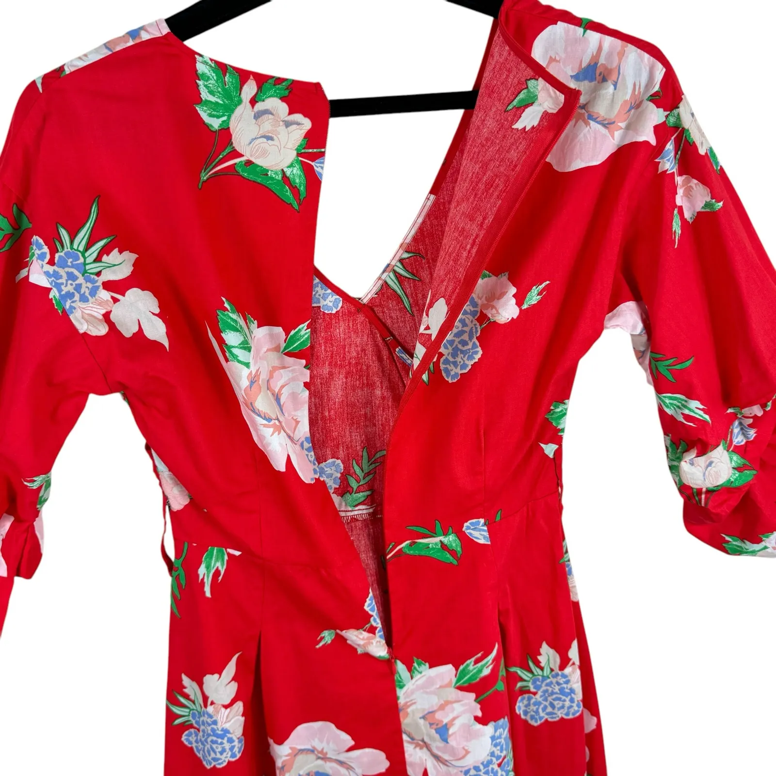 Miss Selfridge Red Floral 3/4 Ruffled Sleeve Fit &‎ Flare Mini Dress Size 2 - Image 6