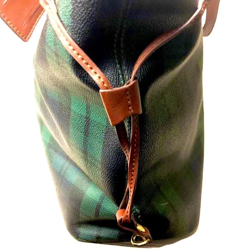 Black Watch Plaid Coated Canvas Leather Oversized Shoulder Bag Metal Feet Blue - Image 15