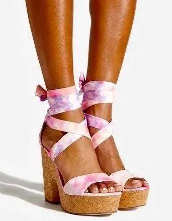 Watercolor tie dye cork lace up wedges  - Image 2