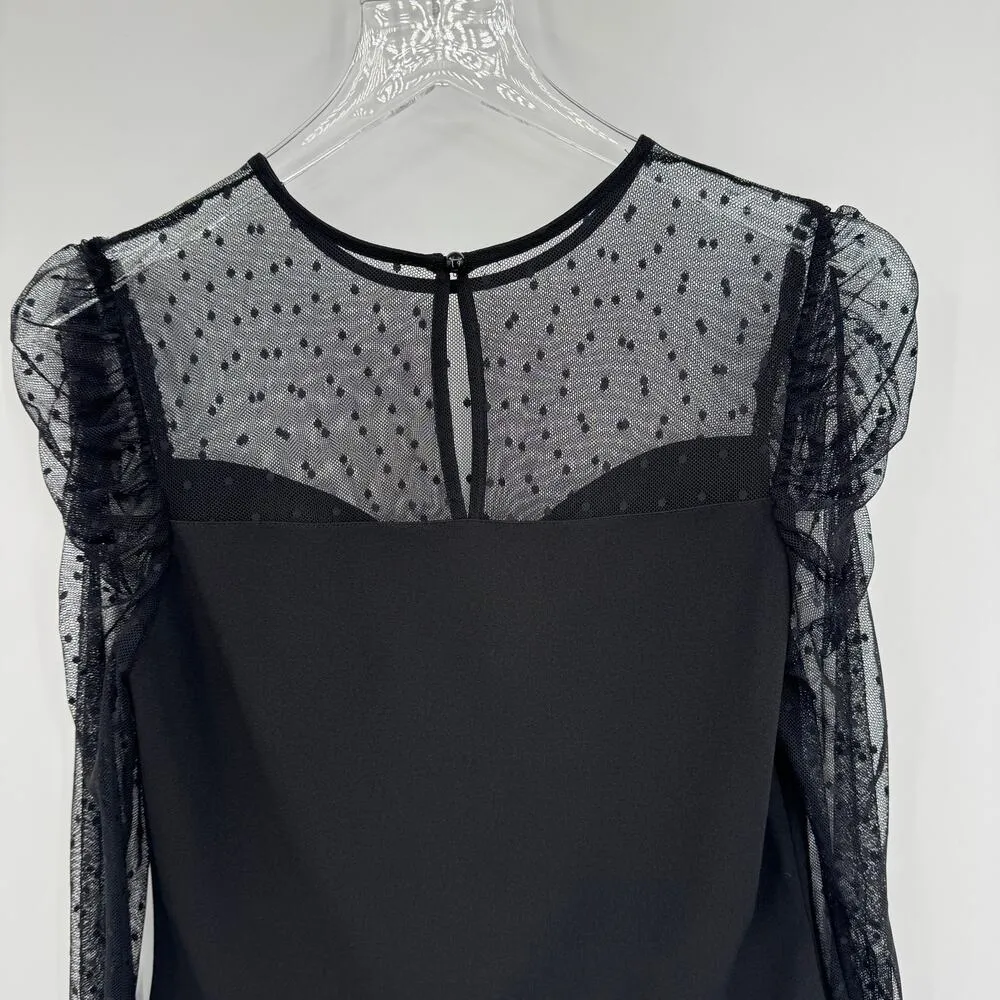 IN San Francisco blouse women's M mesh polka dot puff sweetheart stretch black - Image 3