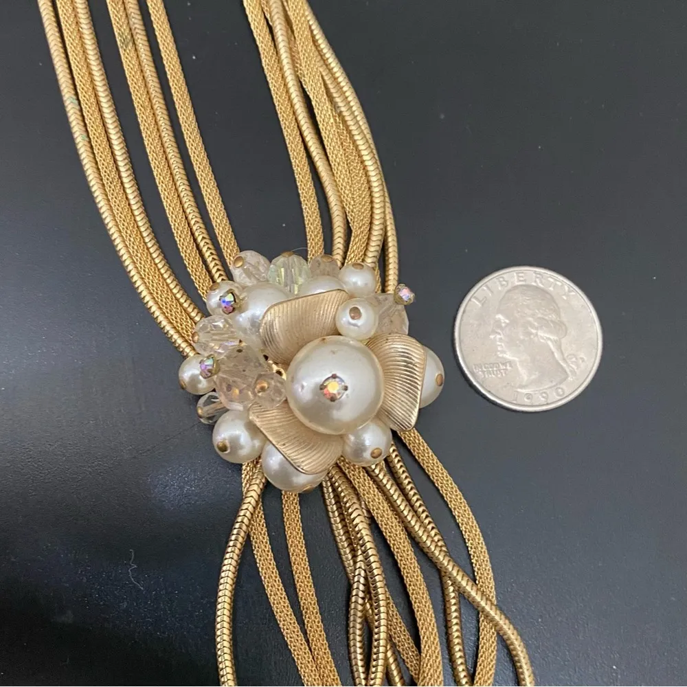 Vintage Unsigned Vendome Multistrand Faux Pearl Gold Mesh Chain Tassel Necklace - Image 12