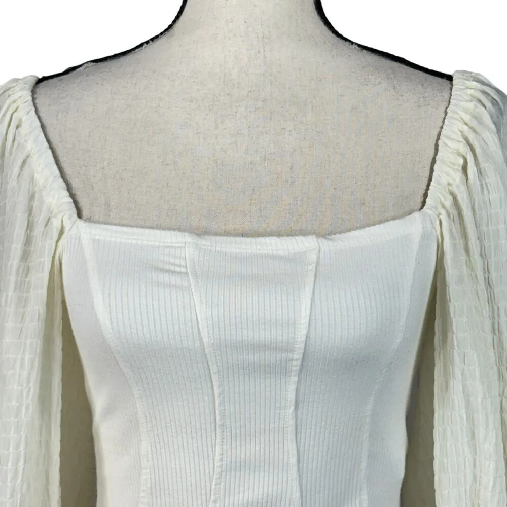 Urban Outfitters Medium Claudia Cropped Top Long Balloon Sleeves Stretch Cream - Image 2