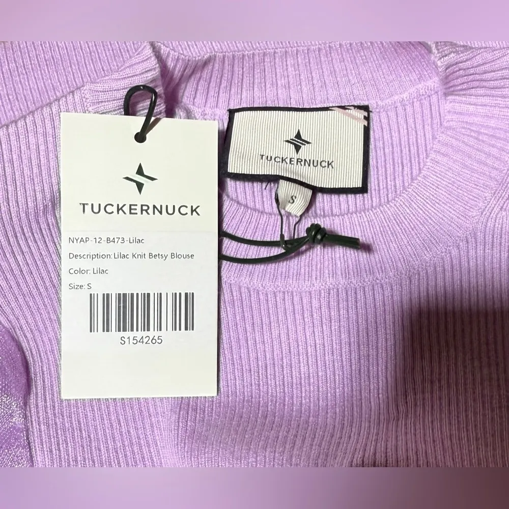 Tuckernuck Lilac Knit Betsy Blouse Size S NWT Sheer Puff Sleeve Stretchy Ribbed - Image 8