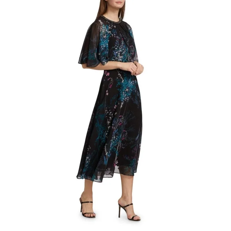 Teri Jon Rickie Freeman Chiffon Capelet Black Floral Cocktail Midi Dress 8 - Image 4