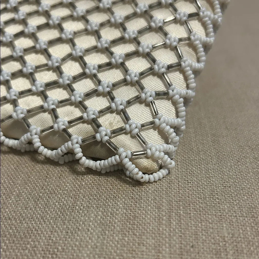 Vintage Cream Mini Clutch with White Beaded Shell - Image 7