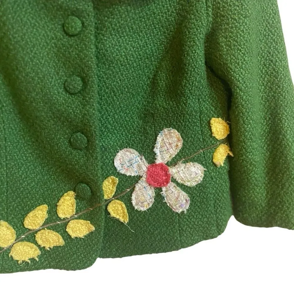 Anthropologie IF Kelly green flower appliqué suit jacket blazer wool blend short - Image 2