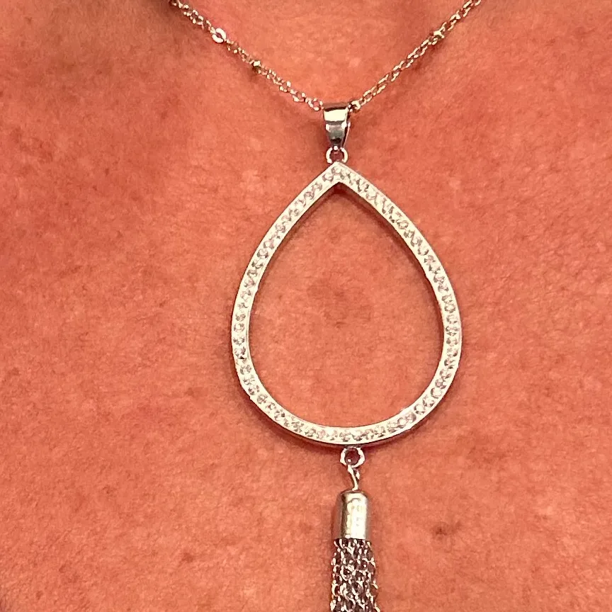 Silver Tone Teardrop Pave Swarovski Crystal Tassel Pendant Necklace Long Chain - Image 5