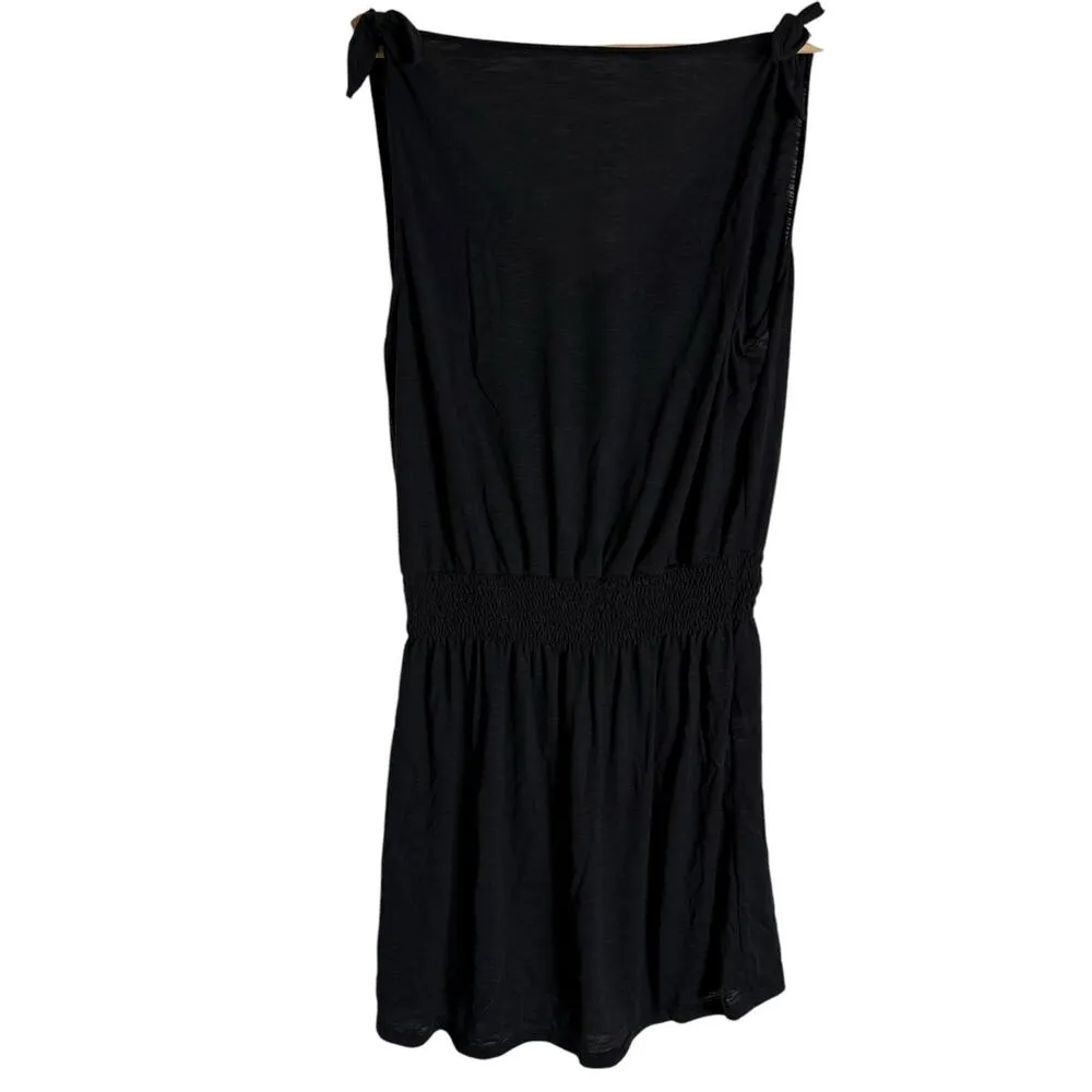 Becca Breezy Basics Black Tie Strap Smocked Waist Beach Coverup Mini Dress Sz L - Image 8