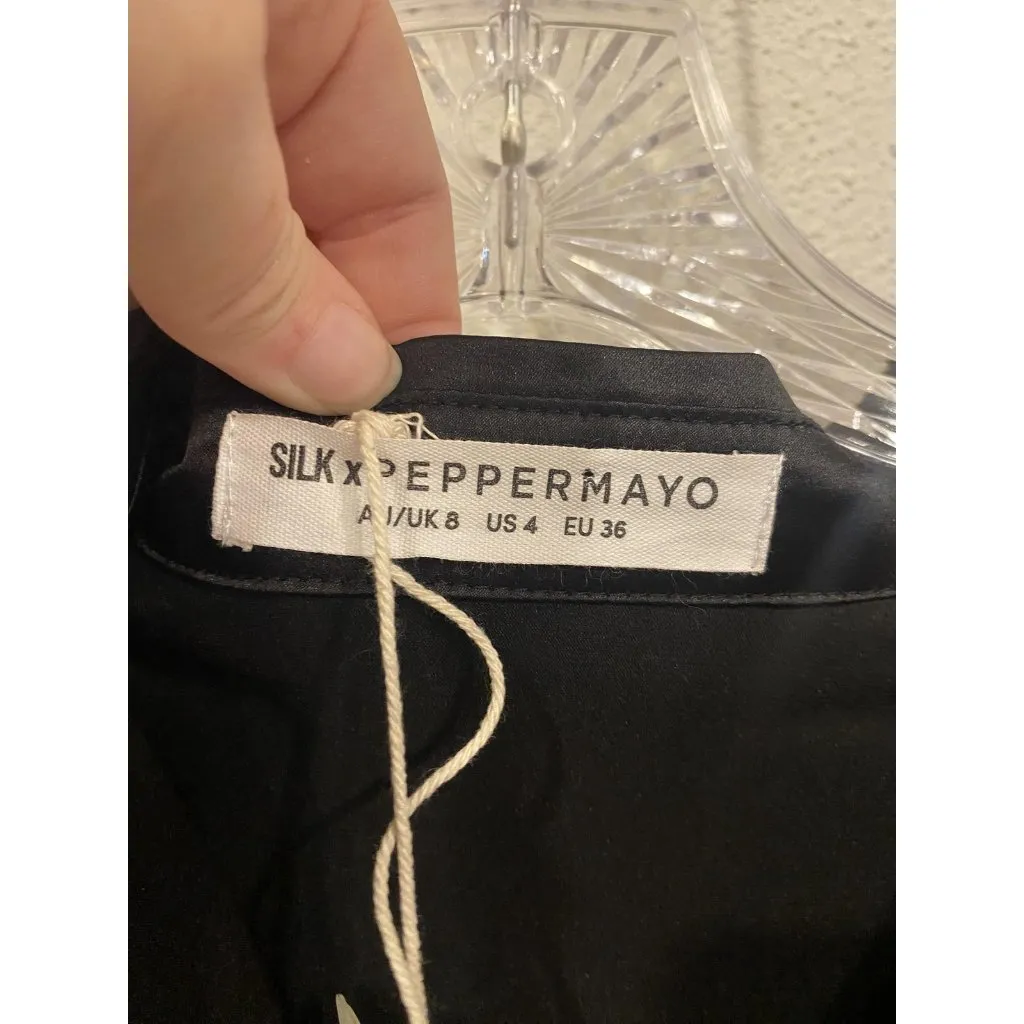 Silk x Peppermayo Dress Womens US 4 Black Draped In Bliss Satin Shirt Tie Waist - Image 2