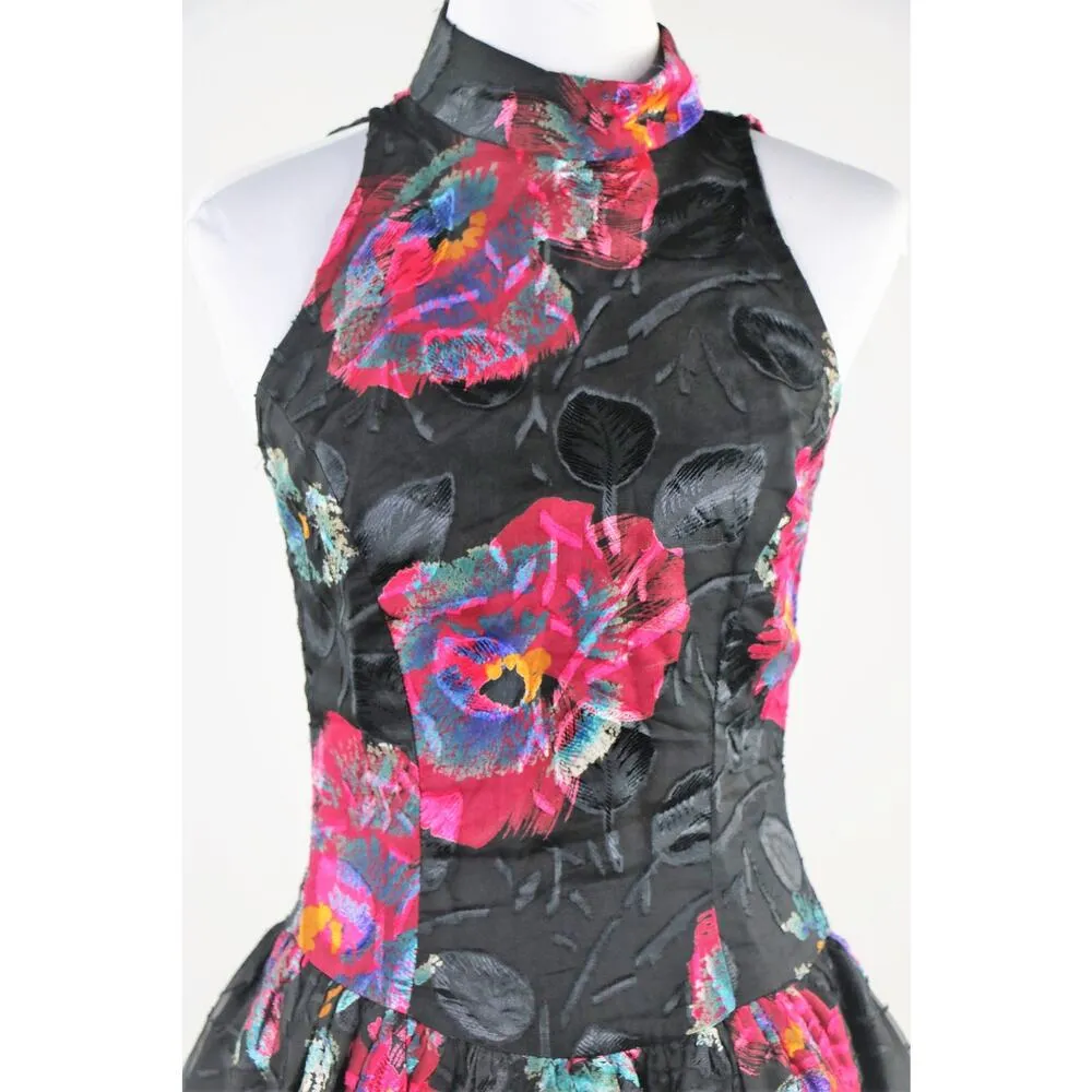 Vintage 1980s Black Floral Backless Cachet Dress By Bari Protas Medium - Image 3