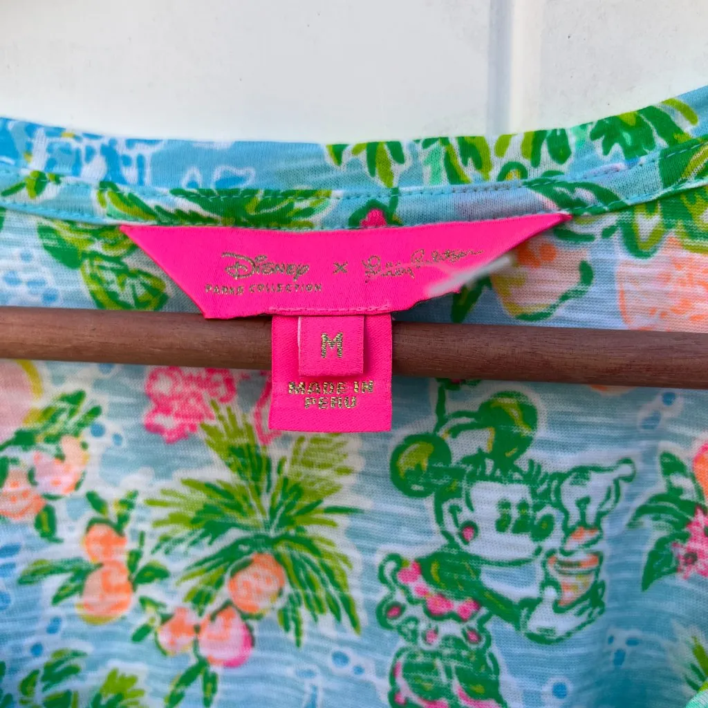 Disney Lilly Pulitzer Sz M Neon V Neck Tee Shirt Floral Pullover Blouse Mickey M - Image 2