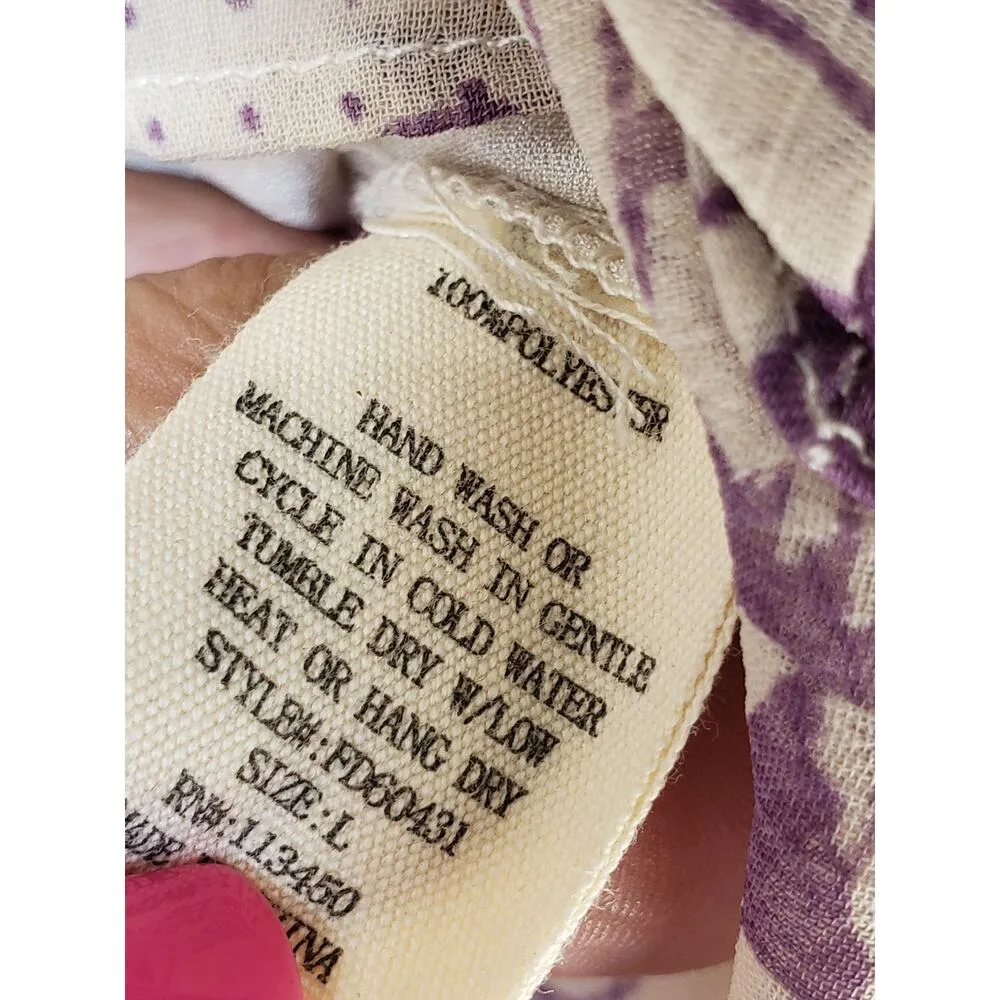 Freelance Tunic Top Womens Large White Purple Print Smocked Waist Ruffle Hem - Image 6