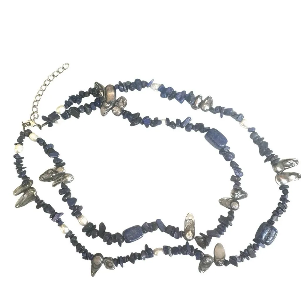 Lapis Lazuli & Freshwater Pearl Double Strand Necklace Blue - Image 9