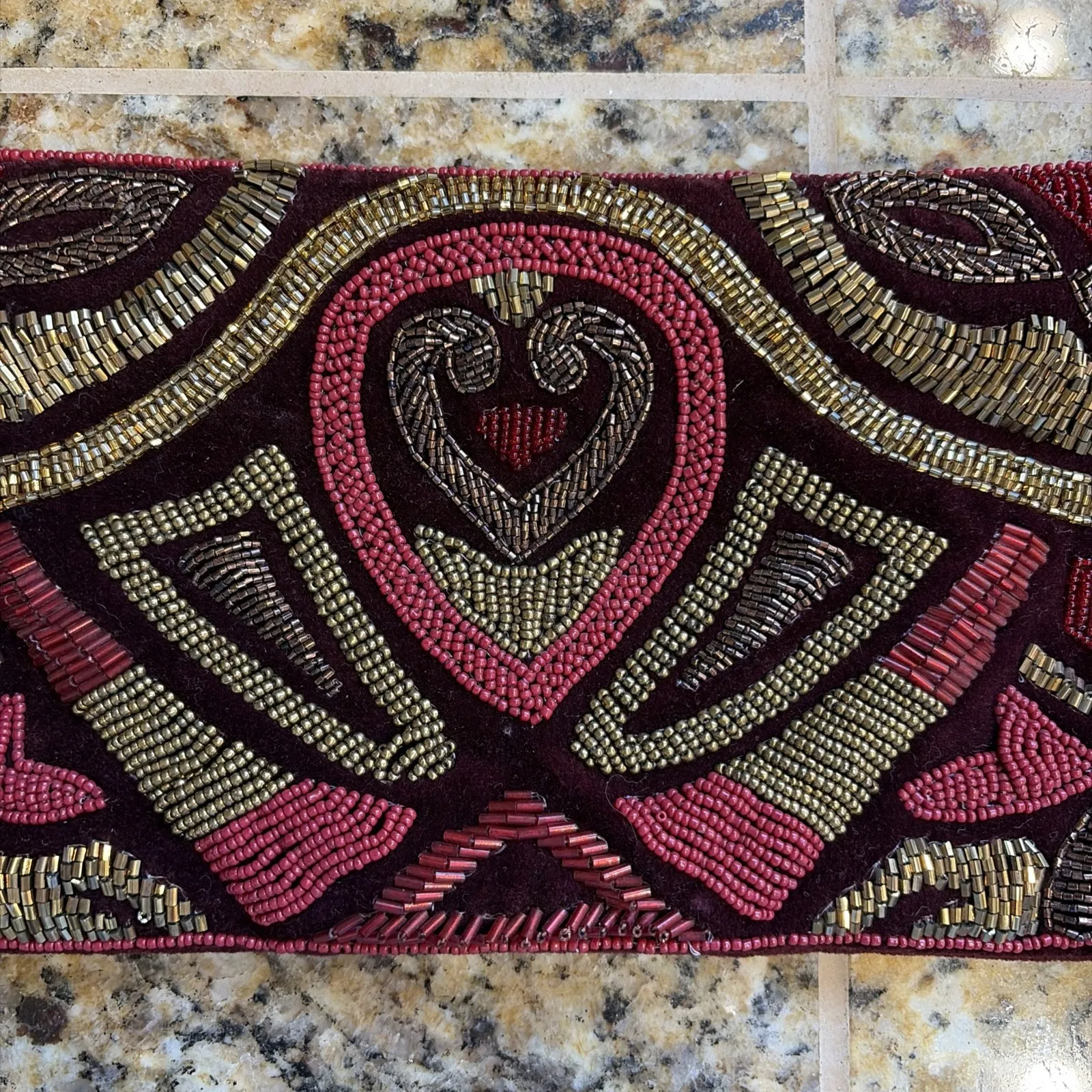 Chico's Maroon Burgundy Gold Beaded Velvet Velour Wristlet Clutch Purse Bag - Image 4