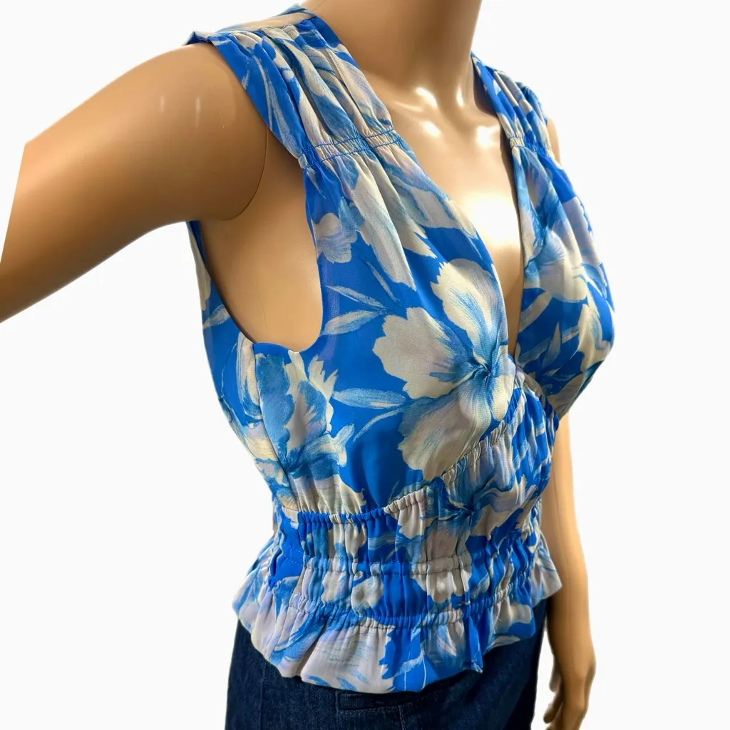 Steve Madden Blue Floral Smocked Crop Top Sleeveless Ruched Blouse Size XS - Image 4