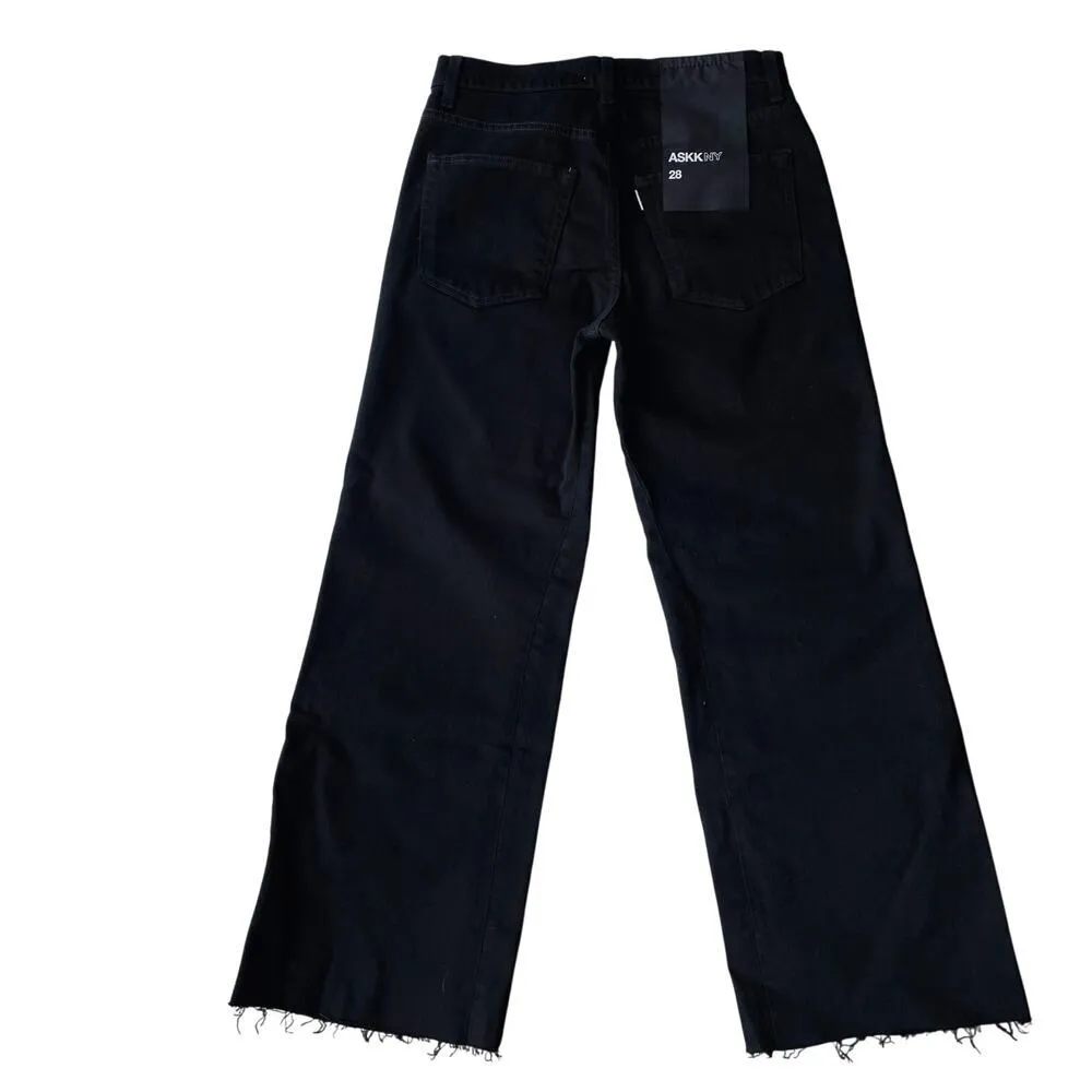 ASKK NY Crop Slim Wide Leg Jeans Raw Hem Black Resin Size 28 NEW - Image 6