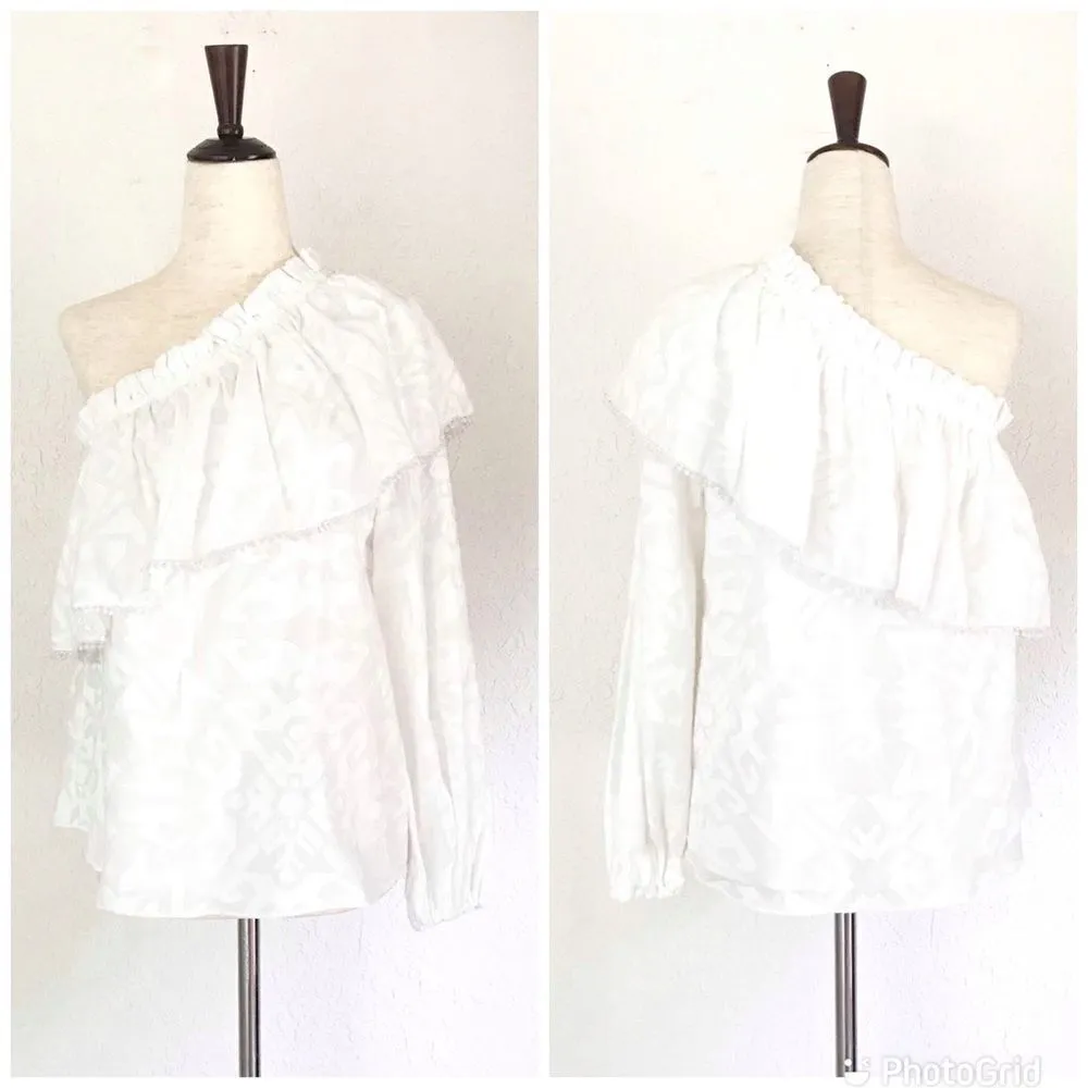 PARKER White One Shoulder Top Blouse Cotton‎ Long Sleeve Ruffle Tassel XS New - Image 2