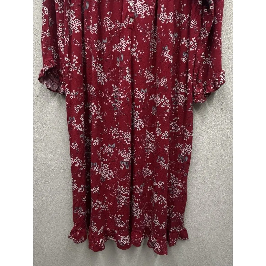 Eileen West Floral Midi Nightgown Medium Red Long Sleeve Valentines Cottagecore - Image 4