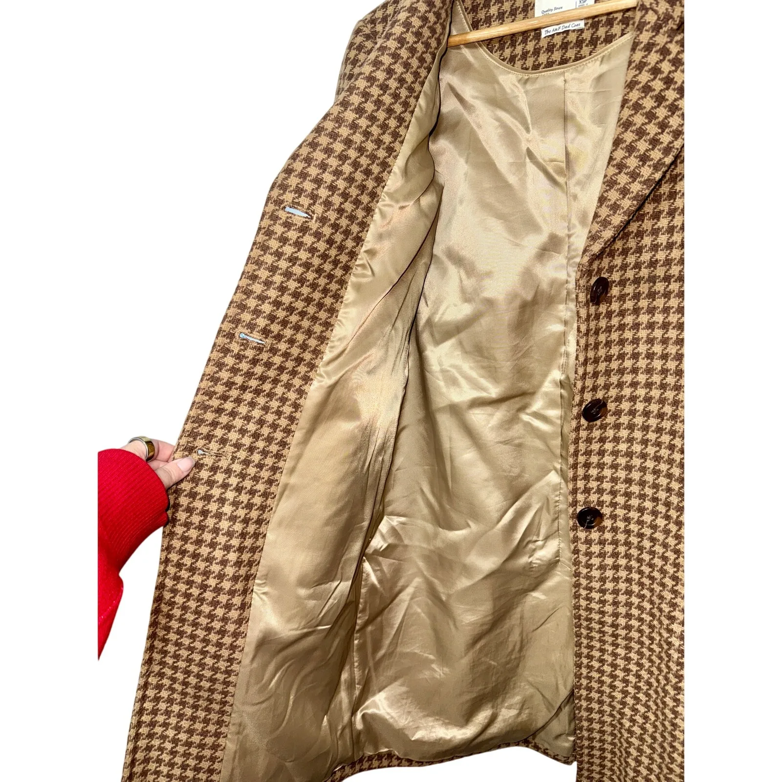 Abercrombie & Fitch The A&F Dad Coat Brown Houndstooth Wool Overcoat Womens XS P - Image 6