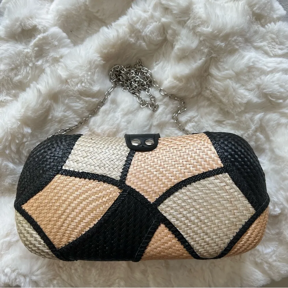 New Handmade Buntal Straw Clutch Purse Chain Strap Magnetic Snap Closure Tan Brown - Image 3